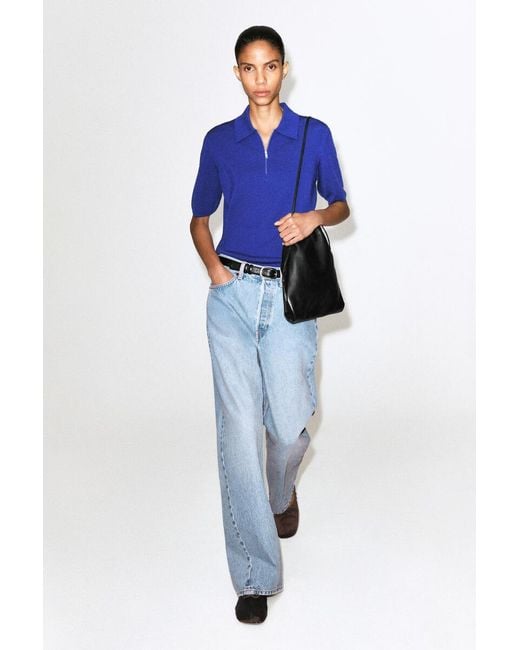 COS Blue Merino Wool Zip-Up Polo Shirt