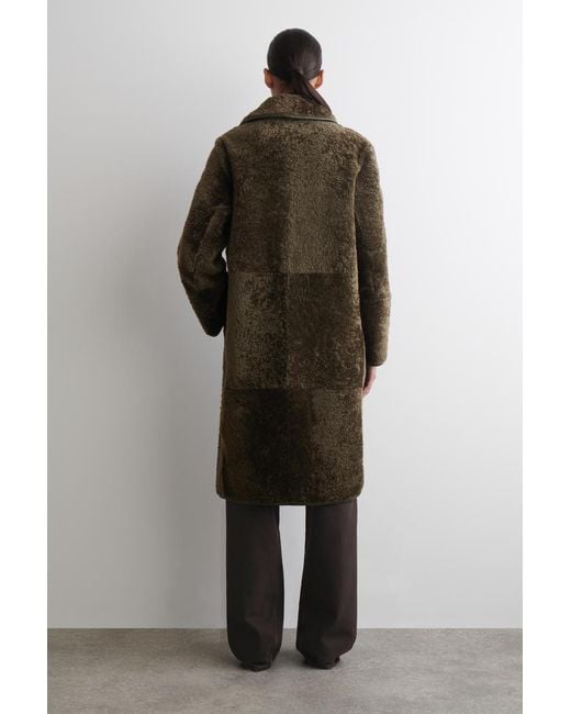 COS Green Leather-Bonded Shearling Long Coat