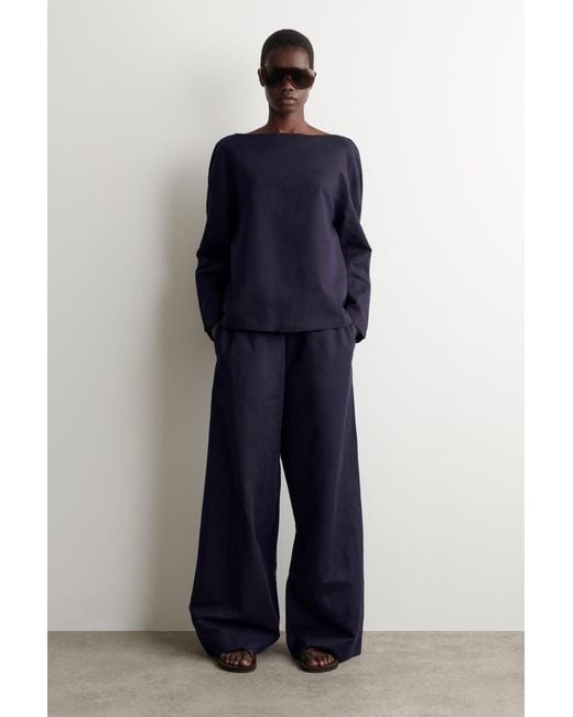 COS Blue Boat-Neck Linen Blouse