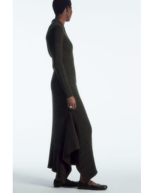 COS Black Asymmetric Ribbed Wool Midi Skirt