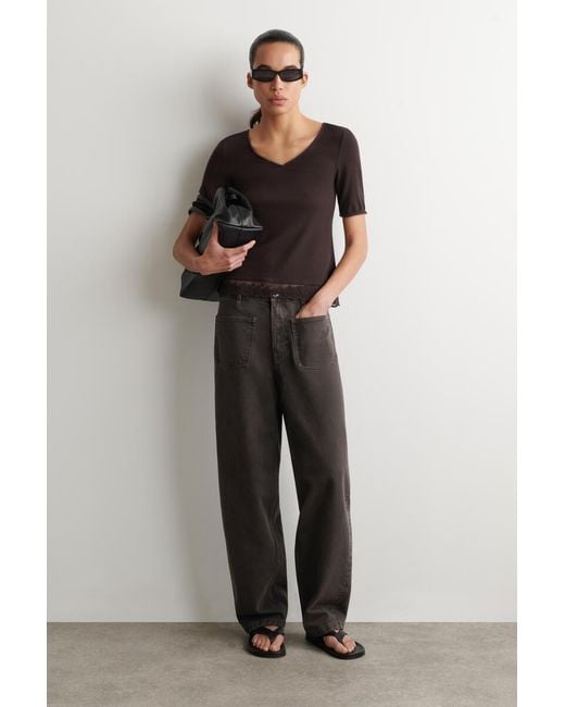COS Black Lace-Trimmed Ribbed V-Neck T-Shirt