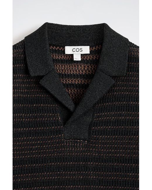 COS Black Striped Open-Knit Polo Shirt for men