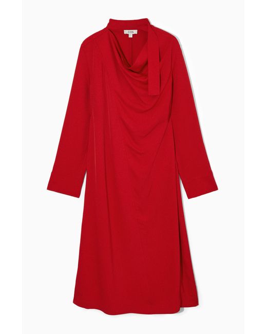 COS Red Scarf-detail Draped Midi Dress