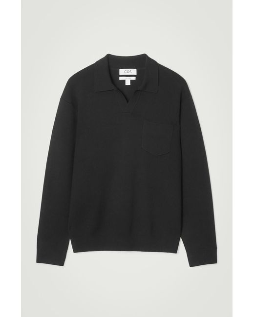 COS Black Knitted Wool Long-sleeved Polo Shirt for men