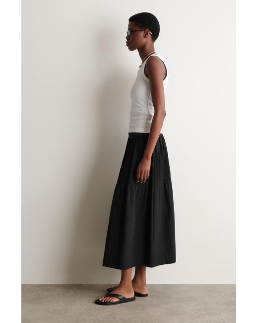 COS Black Tiered Gathered Midi Skirt