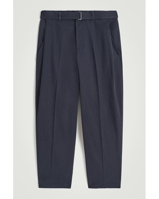 COS Blue Belted Tapered Cotton Trousers for men