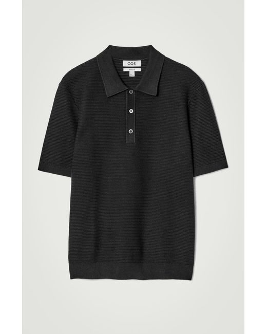 COS Black Textured Knitted Cotton Polo Shirt for men