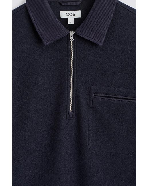 COS Blue Boiled-Wool Zip-Up Polo Jumper for men