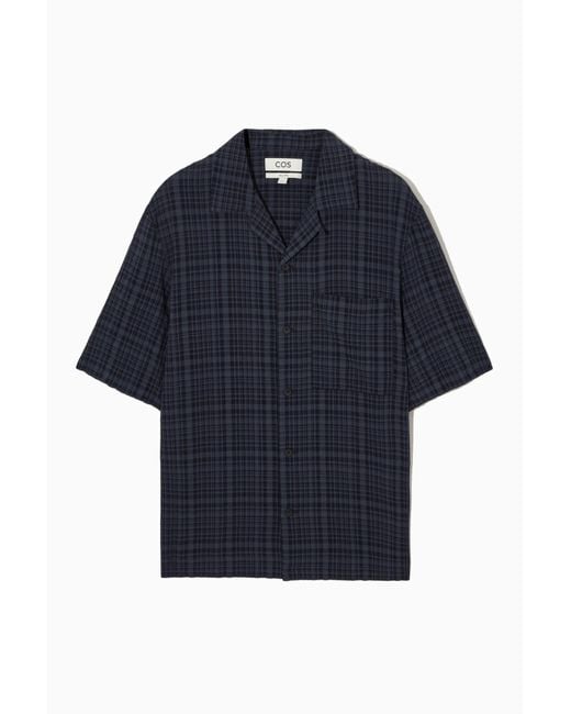 COS Blue Checked Seersucker Camp-collar Shirt for men