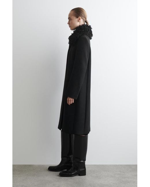 COS Black Shearling-Collar Wool Long Coat