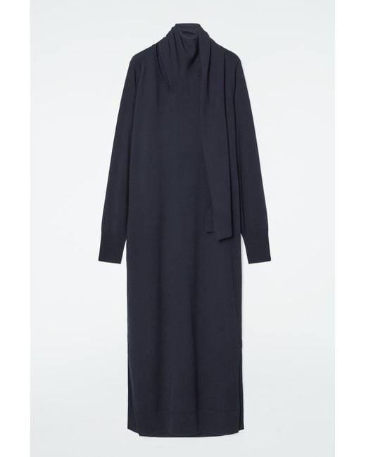 COS Blue Scarf-detail Wool Maxi Dress