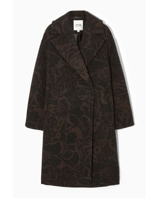 COS Black Oversized Double-breasted Floral-print Wool Coat