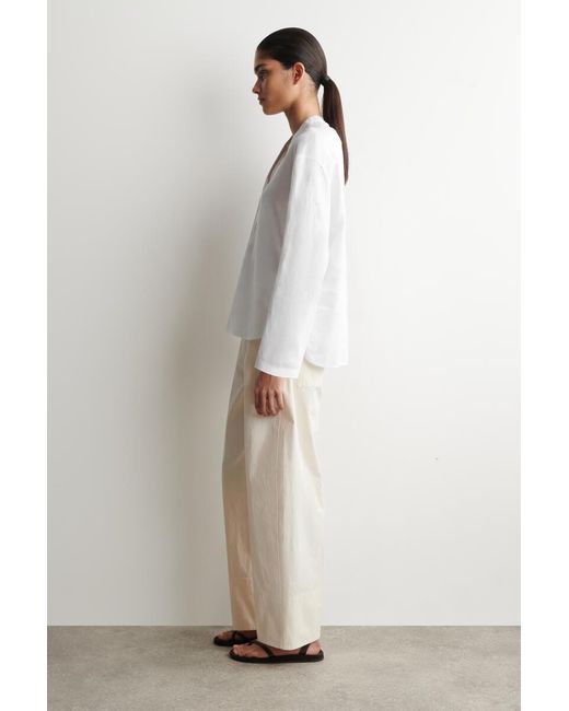 COS Blue Button-Detail Linen V-Neck Shirt