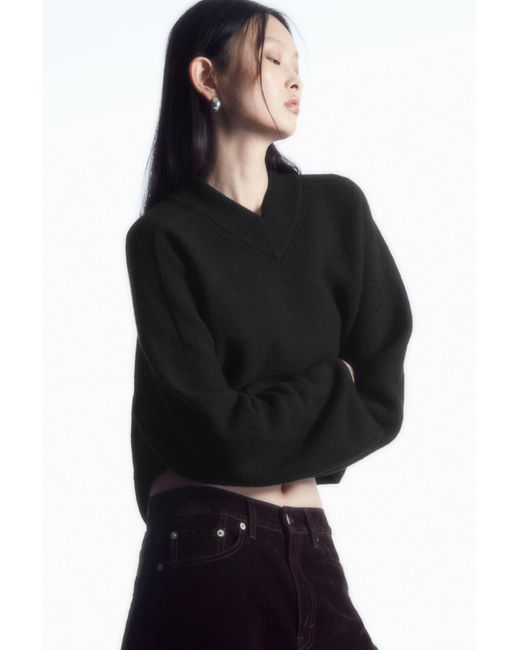 COS Black Cropped V-neck Wool Sweater