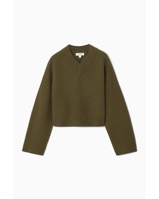 COS Green Cropped V-neck Wool Sweater