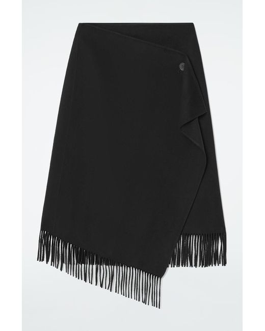 COS Black Fringed Wool Midi Wrap Skirt