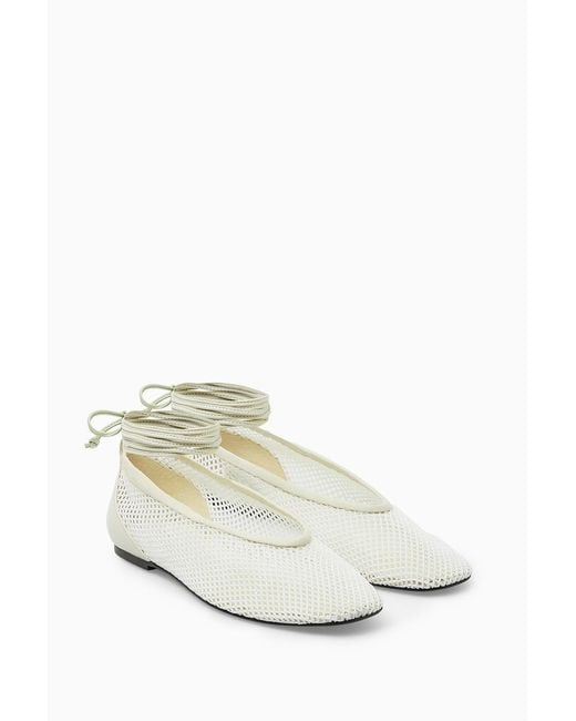COS White Leather-trimmed Mesh Ballet Flats
