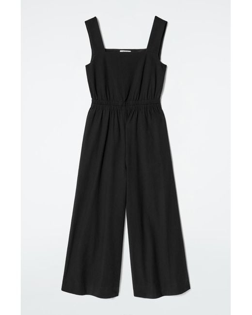 COS Black Open-Back Seersucker Wide-Leg Jumpsuit