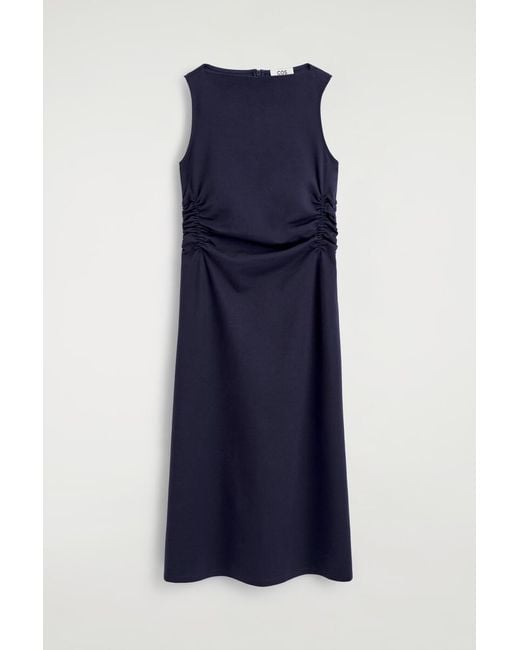 COS Blue Ruched-Waist Cotton-Jersey Midi Dress
