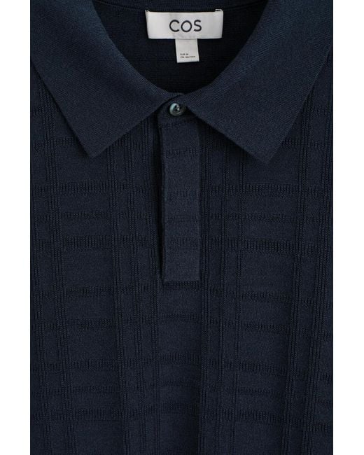 COS Blue Checked Jacquard-Knit Polo Shirt for men
