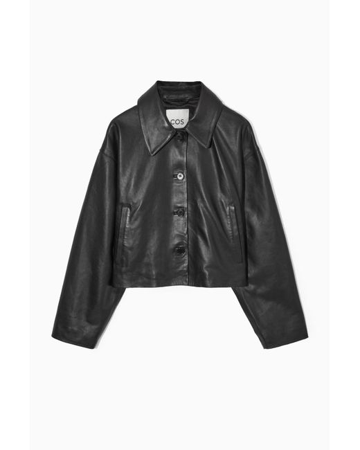 COS Oversized Cropped Leather Blouson Jacket in Black | Lyst