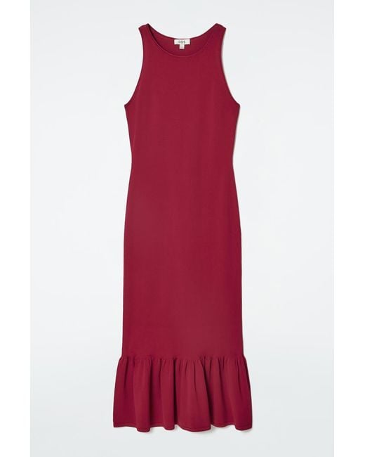 COS Red Knitted Ruffled-hem Midi Dress