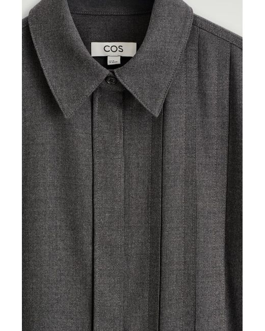 COS Gray Half-Pleated Wool Mini Shirt Dress