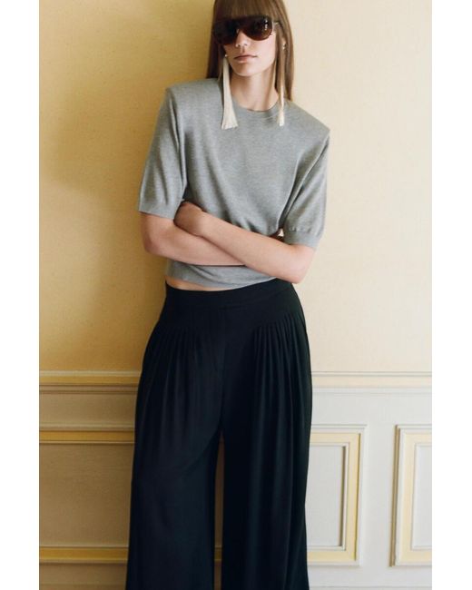 COS Gray Sculpted-Shoulder Silk-Cotton T-Shirt