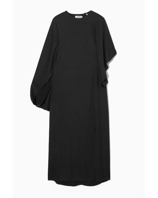 COS Black Asymmetric-sleeve Draped Midi Dress