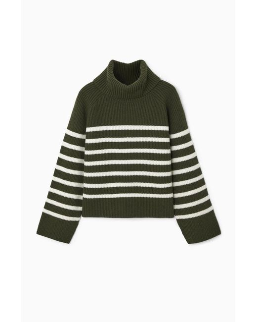 COS Green Striped Wool Roll-neck Jumper