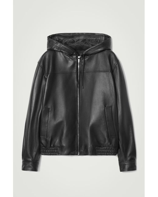 COS Black Hooded Leather Bomber Jacket for men
