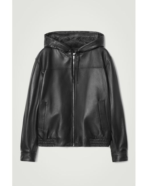 COS Black Hooded Leather Bomber Jacket for men