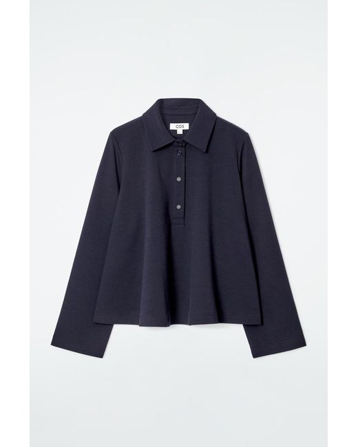 COS Blue Flared Cotton-Jersey Polo Shirt