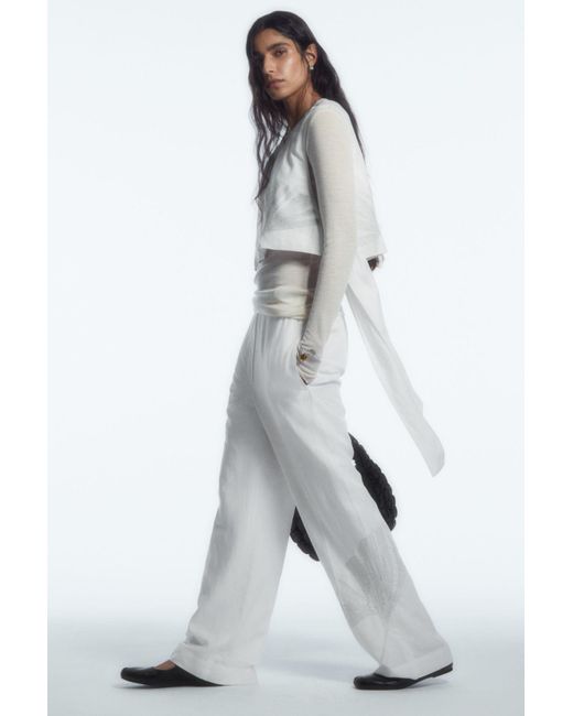 COS White Embroidered Wide-leg Pants