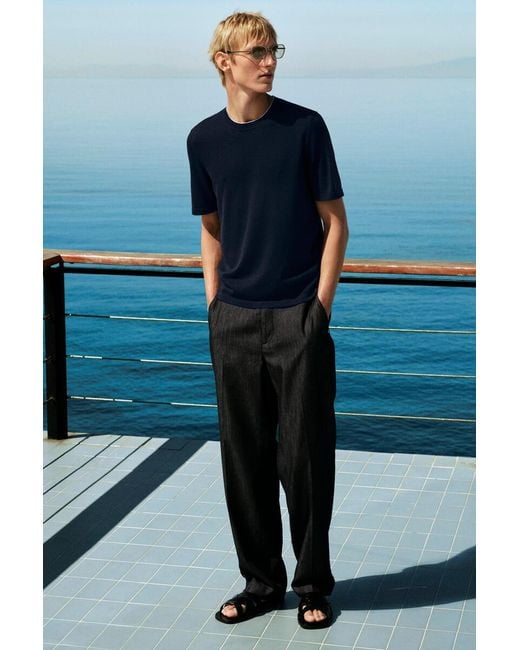 COS Blue Contrast-Tipped Silk-Cotton T-Shirt for men