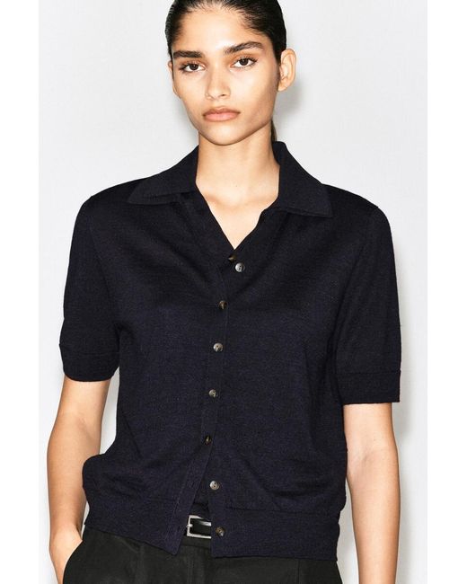 COS Blue Knitted Linen-Merino Short-Sleeved Shirt