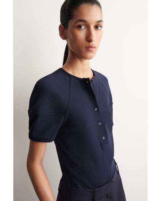 COS Blue Rounded Ribbed Jersey Henley Top