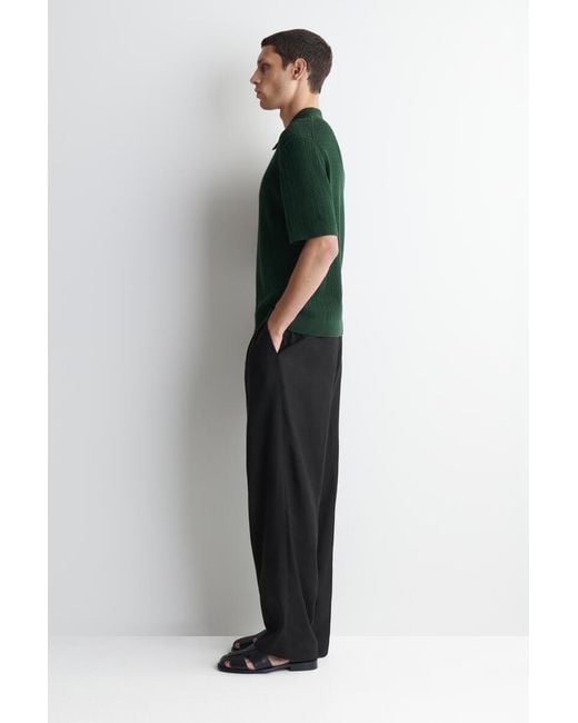 COS Green Cable-Knit Cotton-Linen Polo Shirt for men