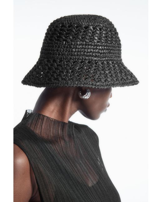 COS Black Crocheted Straw Bucket Hat
