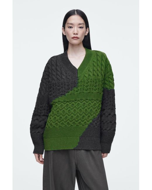 COS Green Abstract Cable-Knit Merino Wool Jumper