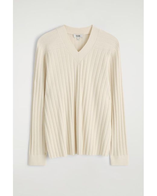COS Natural Ribbed-Knit V-Neck Sweater for men