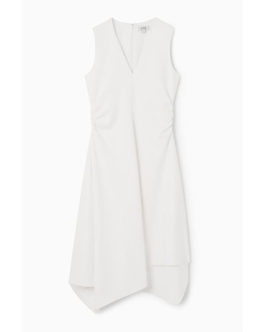 COS White Gathered Asymmetric Midi Dress