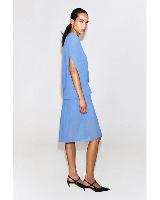 COS Blue Draped Pleated V-Neck Midi Dress
