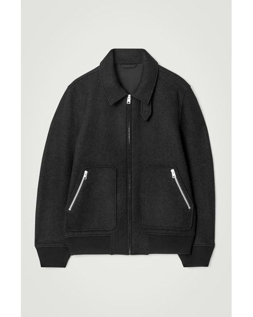 COS Black Boiled Merino Wool Aviator Jacket for men
