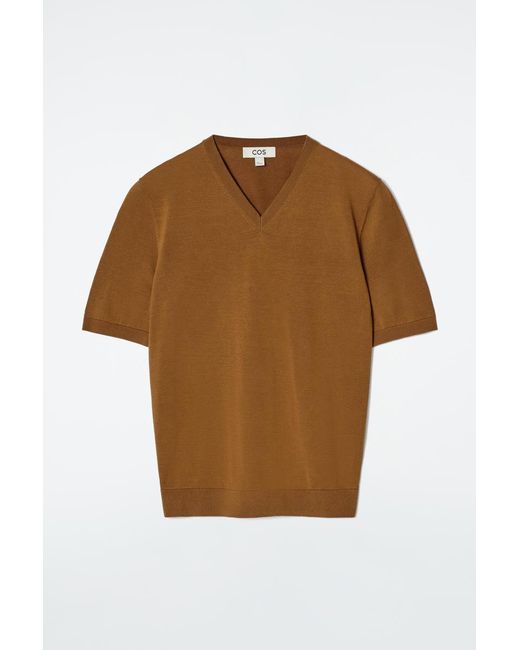 COS Brown Knitted Cotton V-Neck T-Shirt