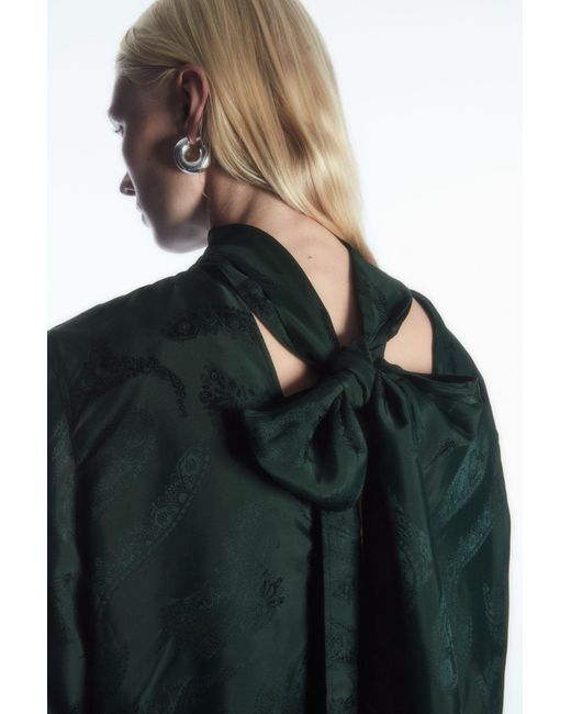 COS Green Floral-jacquard Bow Blouse