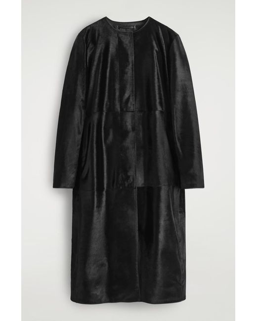 COS Black Pony Hair-Effect Leather Long Coat