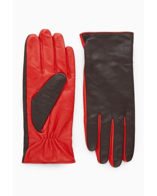 COS Red Cashmere-lined Color-block Leather Gloves