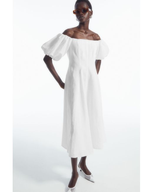 COS White Off-the-shoulder Puff-sleeve Midi Dress