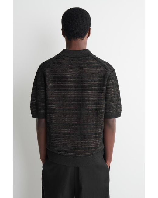 COS Black Striped Open-Knit Polo Shirt for men